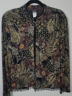 Vintage MSK Dark Floral Cardigan Bolero Size L Beaded Acetate Artsy Goth Y2K